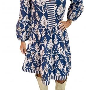 NEW LA PLAGE alison long sleeve dress in navy leaves